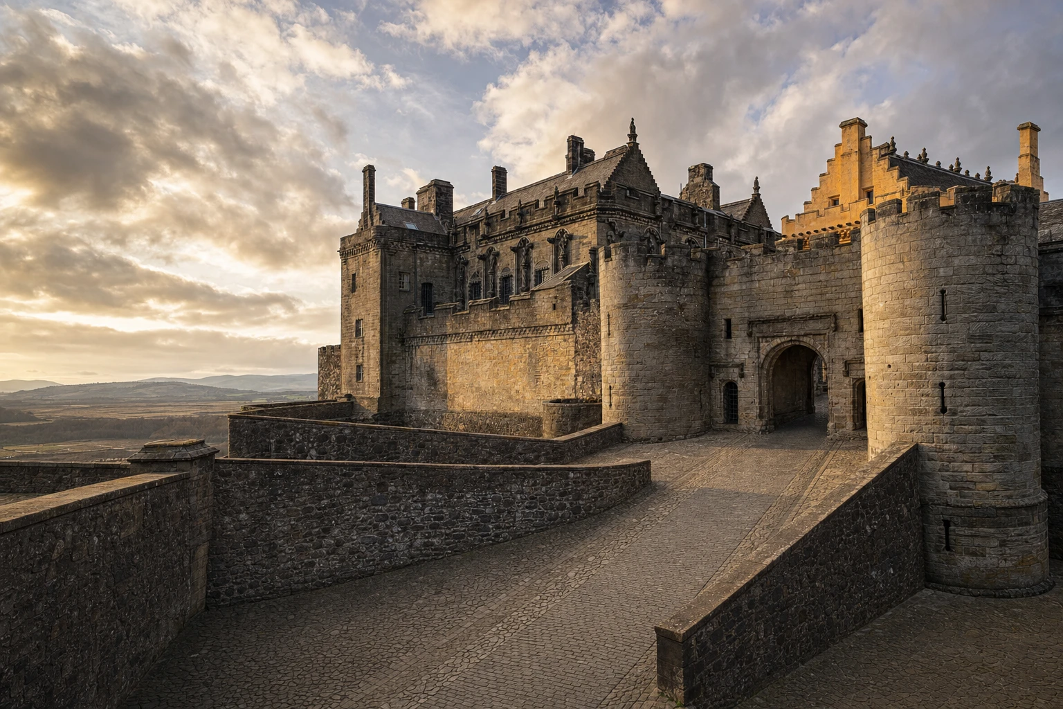 Puerta de entrada del Castillo de Stirling con cálida luz de atardecer